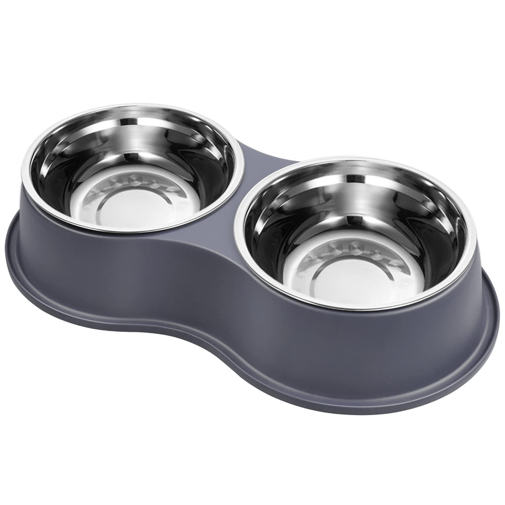 EpetsLove double stainless steel dog bowls shown from the front in their raised feeding station.