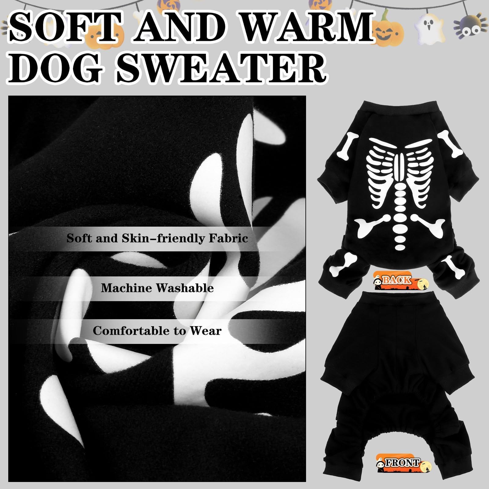 EXPAWLORER dog pajamas show the skeleton motif positioned across the back.