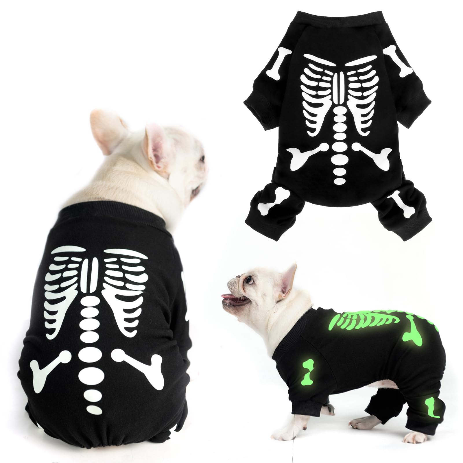 EXPAWLORER dog pajamas shown from the front in black with a Halloween skeleton design.