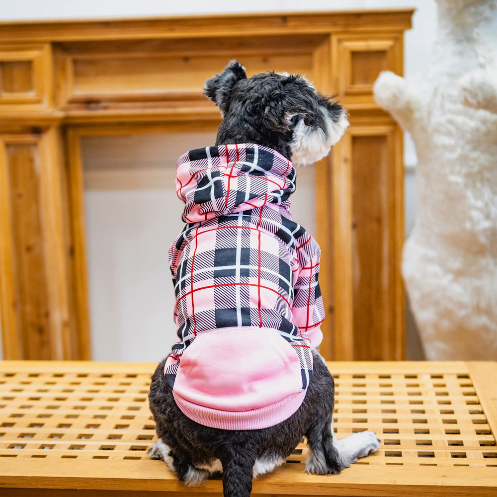 EXPAWLORER plaid dog hoodie close-up showing its cotton-blend fabric.