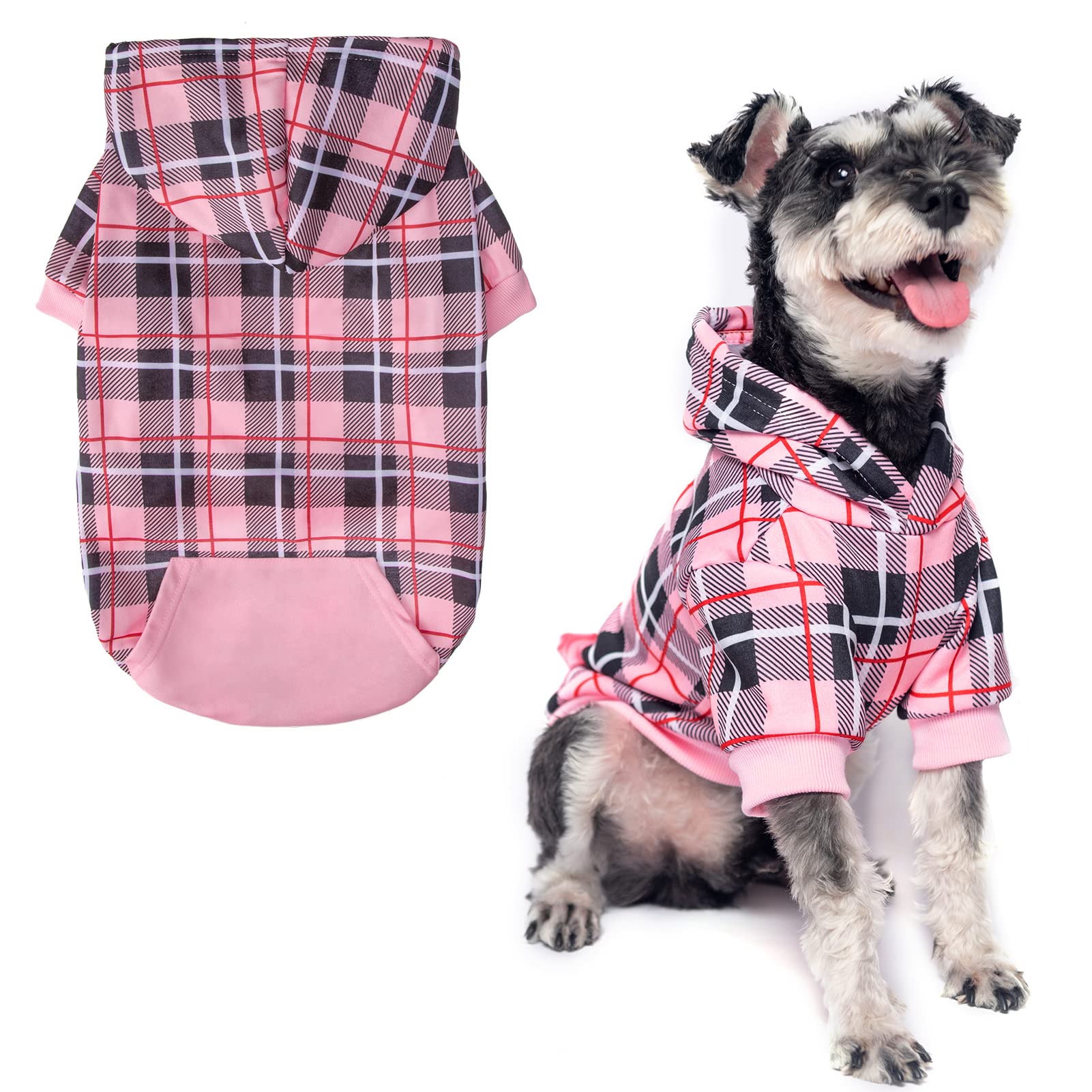 EXPAWLORER plaid dog hoodie shown from the front in pink tartan.