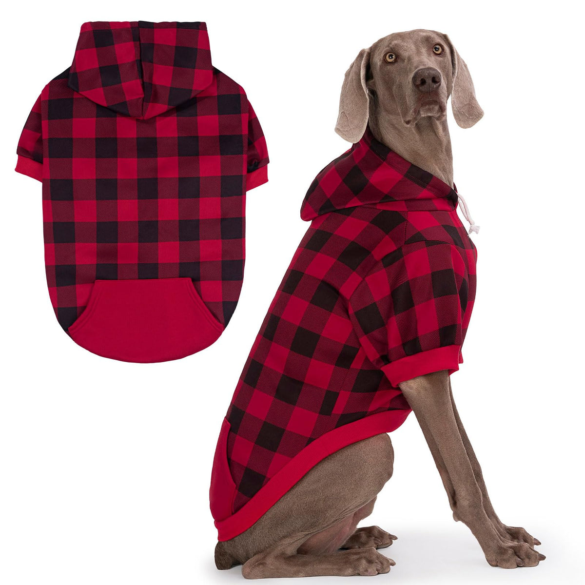 EXPAWLORER plaid dog hoodie shown from the front in Buffalo Check.