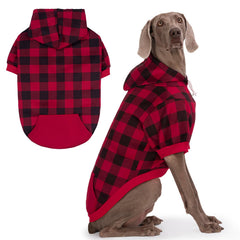 EXPAWLORER plaid dog hoodie shown from the front in Buffalo Check.