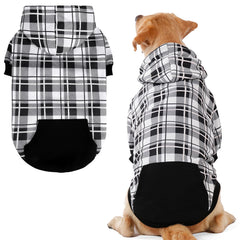 EXPAWLORER plaid dog hoodie shown from the front in black and white.