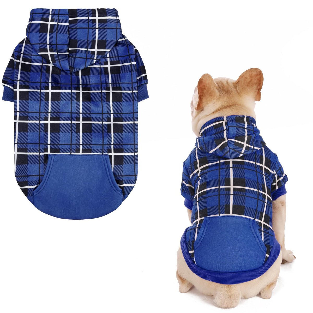 EXPAWLORER plaid dog hoodie shown from the front in navy blue.