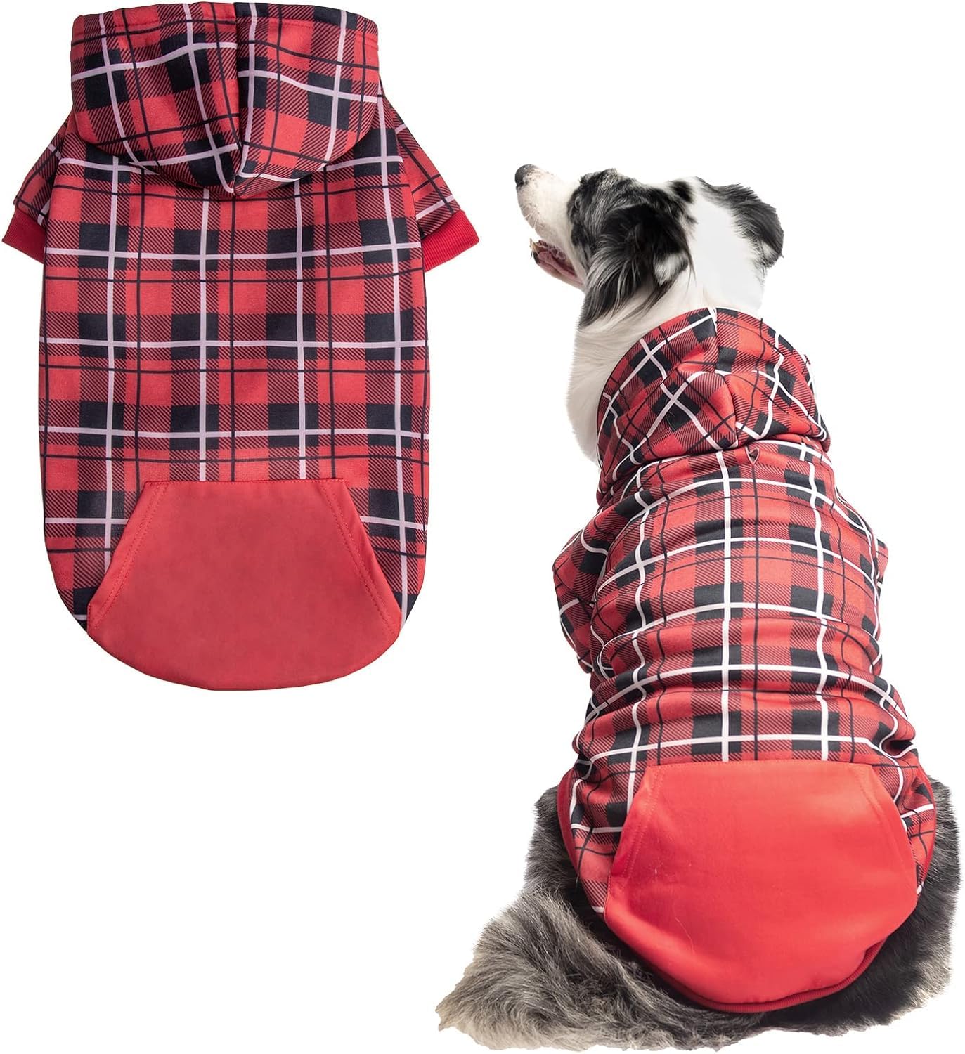 EXPAWLORER Plaid Dog Hoodie shown from the front in its red tartan design.