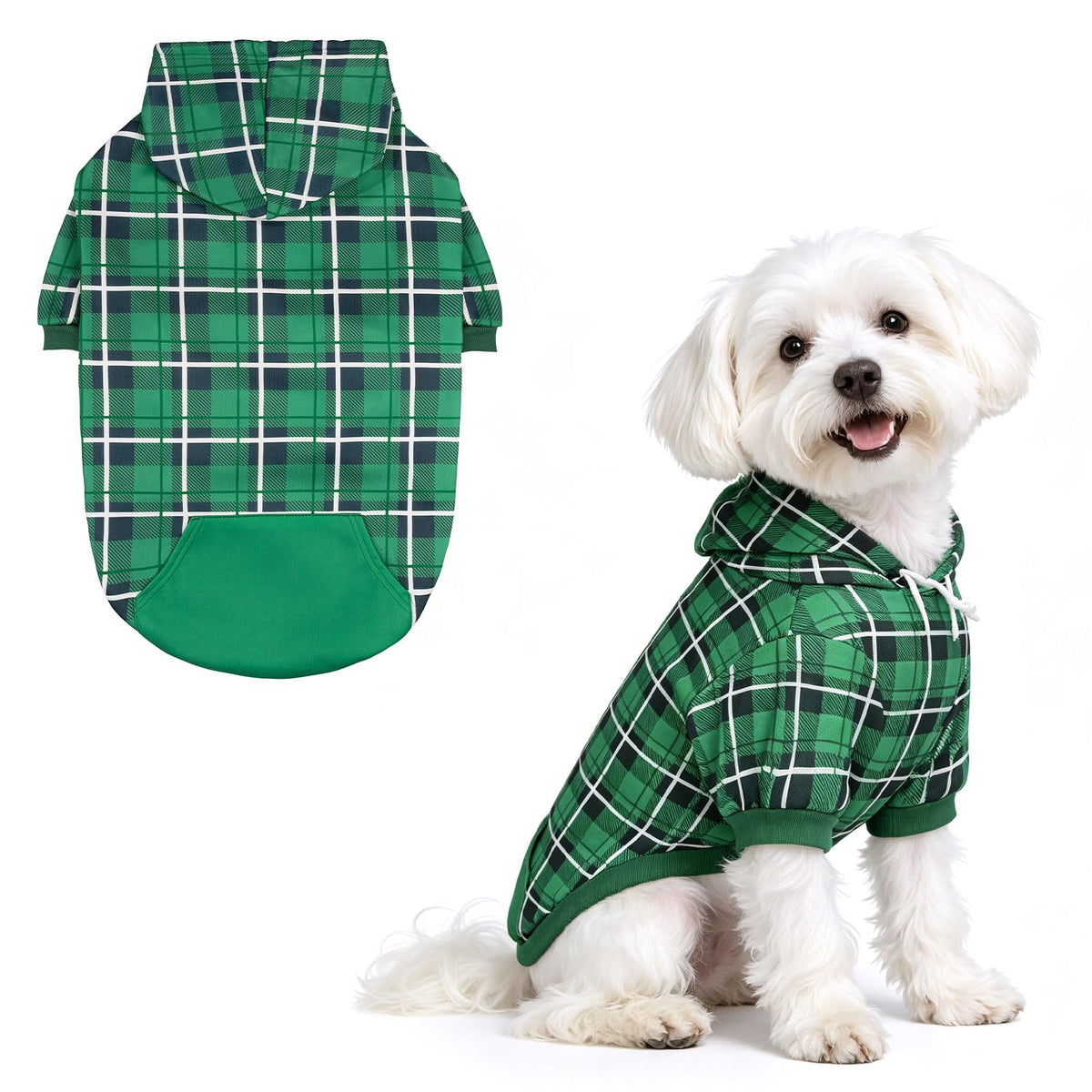 EXPAWLORER plaid dog hoodie shown from the front in green.