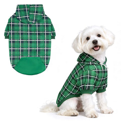 EXPAWLORER plaid dog hoodie shown from the front in green.