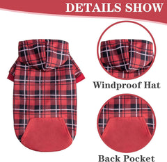 EXPAWLORER Plaid Dog Hoodie detail showing the opening for leash use.