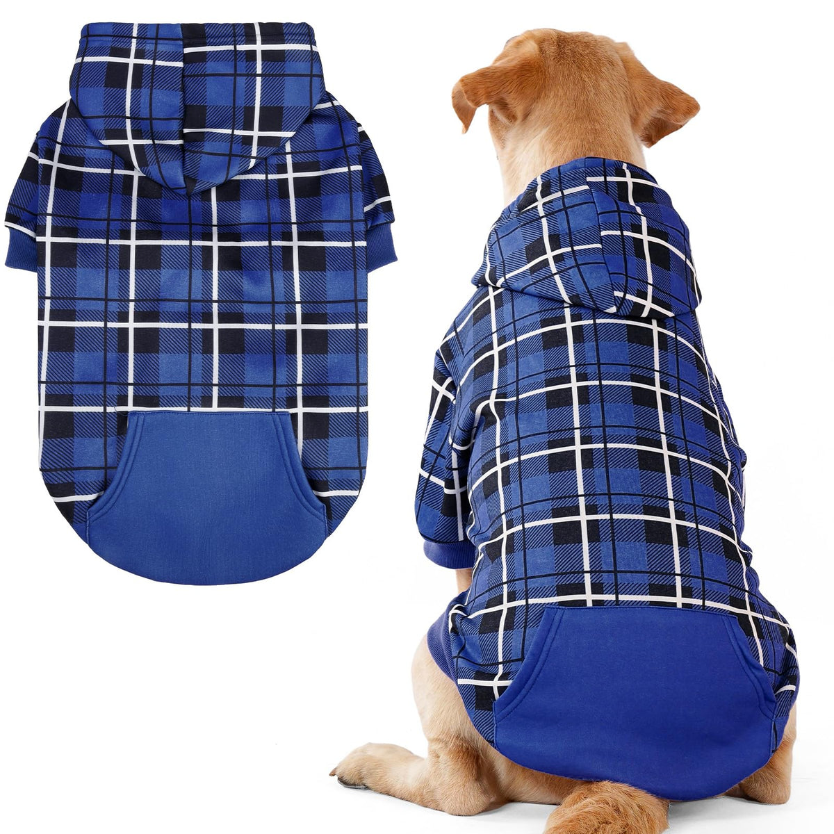 EXPAWLORER Plaid Dog Hoodie shown from the front in navy blue.