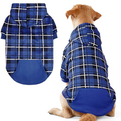 EXPAWLORER Plaid Dog Hoodie shown from the front in navy blue.
