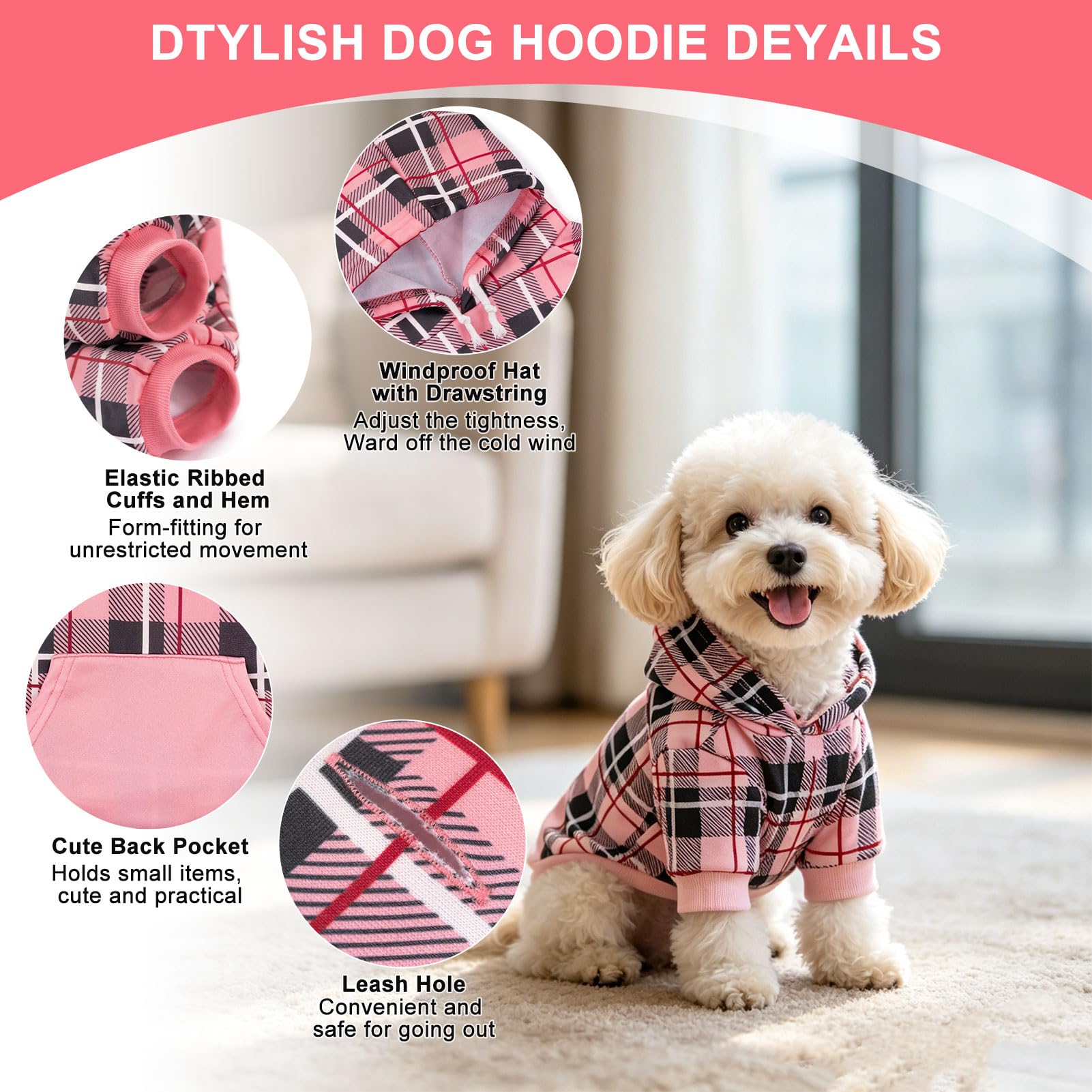 EXPAWLORER plaid dog hoodie close-up of the British-inspired tartan pattern.