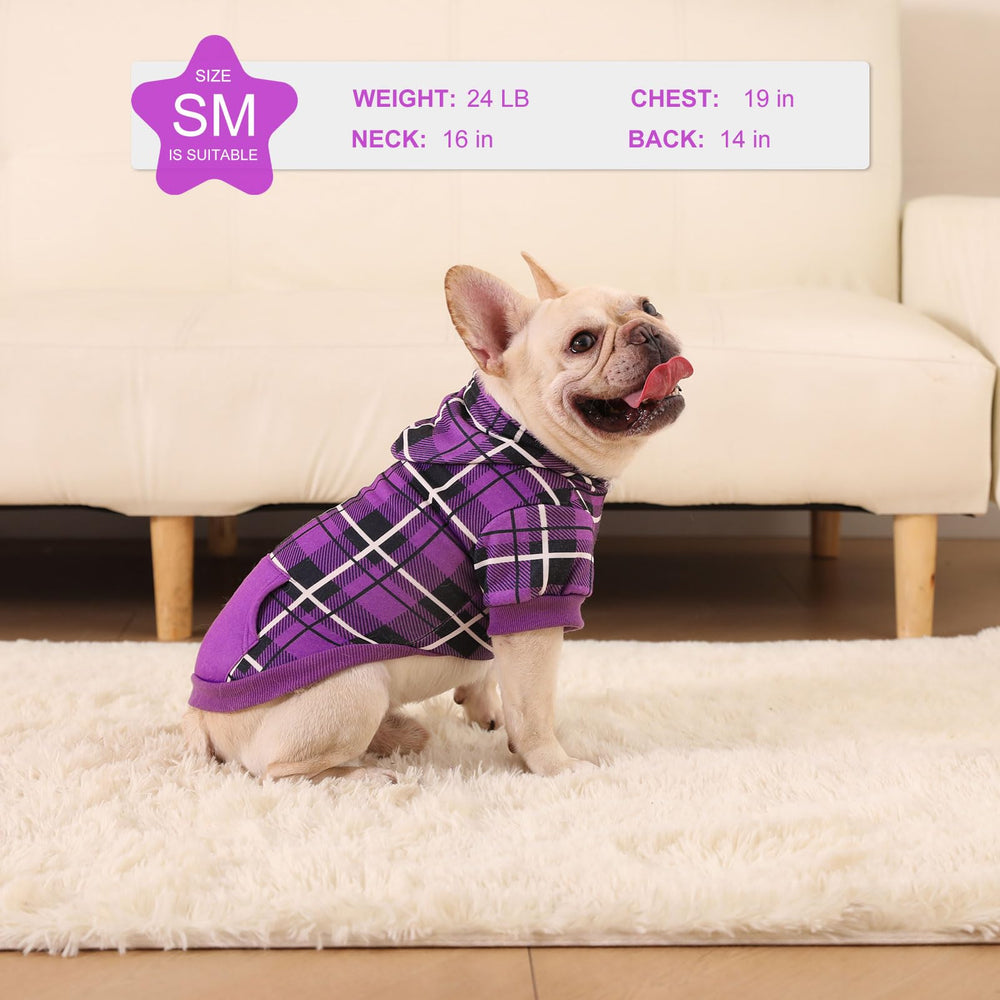 EXPAWLORER plaid dog hoodie worn by a dog.