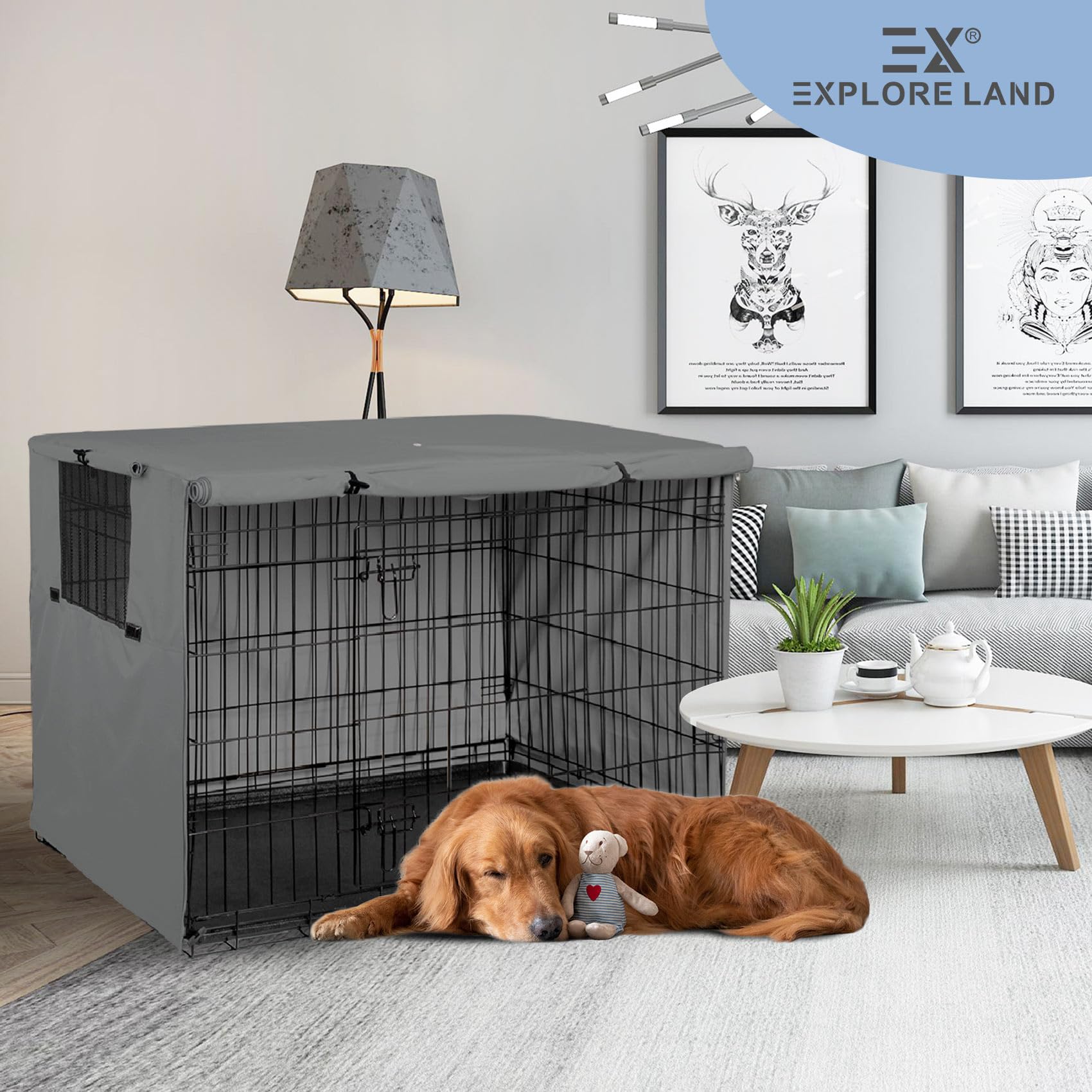 Explore Land Dog Crate Cover showing the bottom attachment toggles.