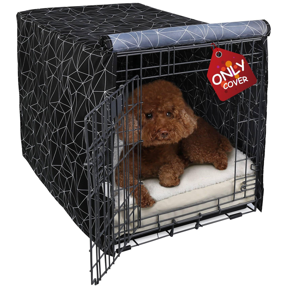 Explore Land dog crate cover shown from the front with its brief polygonal print.