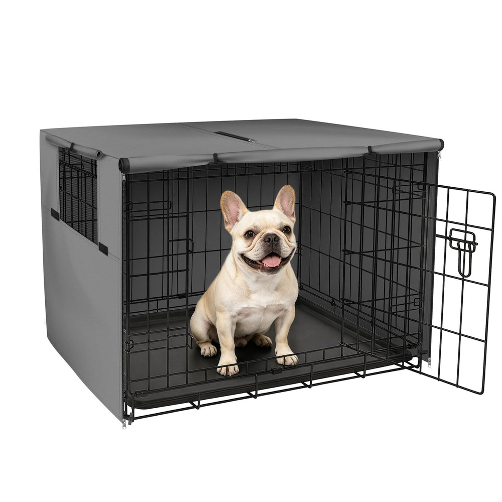 Explore Land Dog Crate Cover shown from the front in grey.