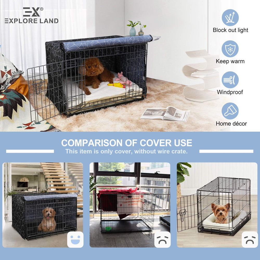 Explore Land dog crate cover fitted over a standard wire dog crate.