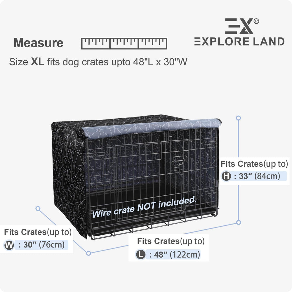 Explore Land dog crate cover close-up showing the brief polygonal pattern.