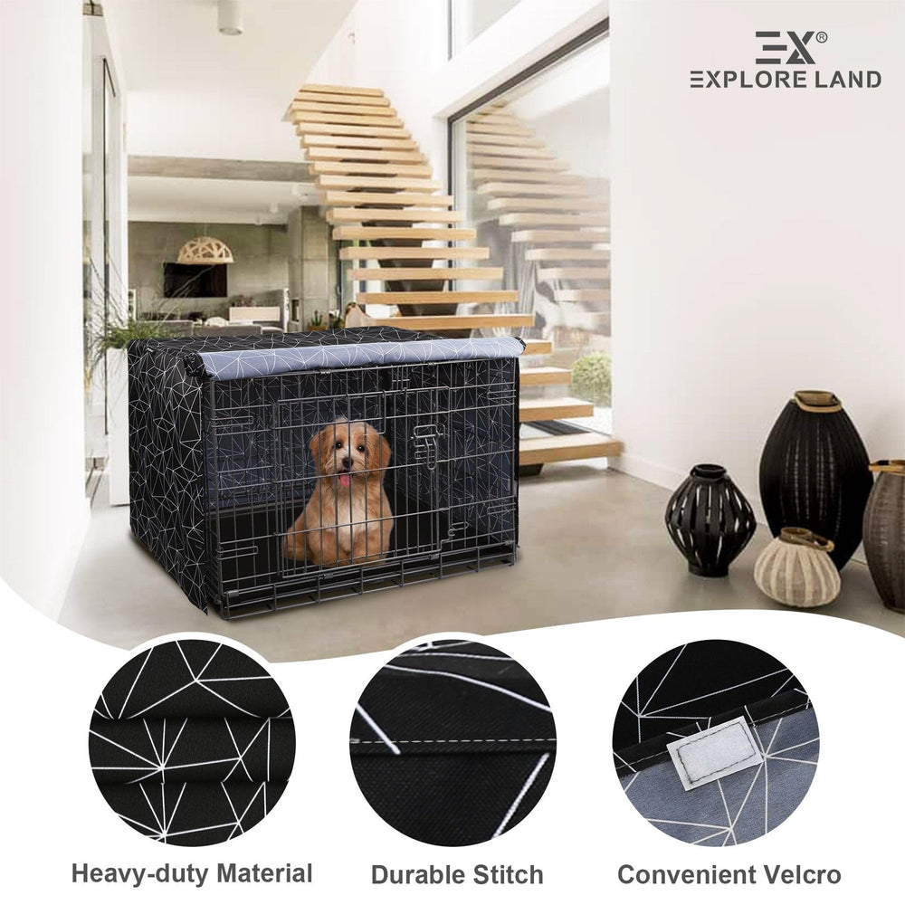 Explore Land dog crate cover showing a roller shade at an opening.