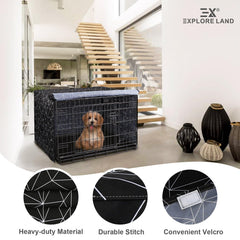 Explore Land dog crate cover showing a roller shade at an opening.