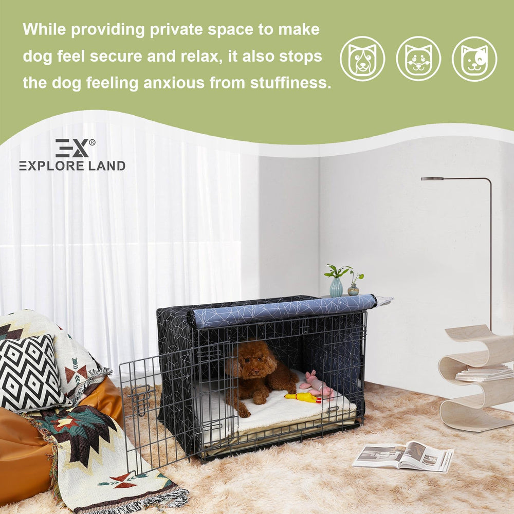 Explore Land dog crate cover shown from a side angle on a wire crate.