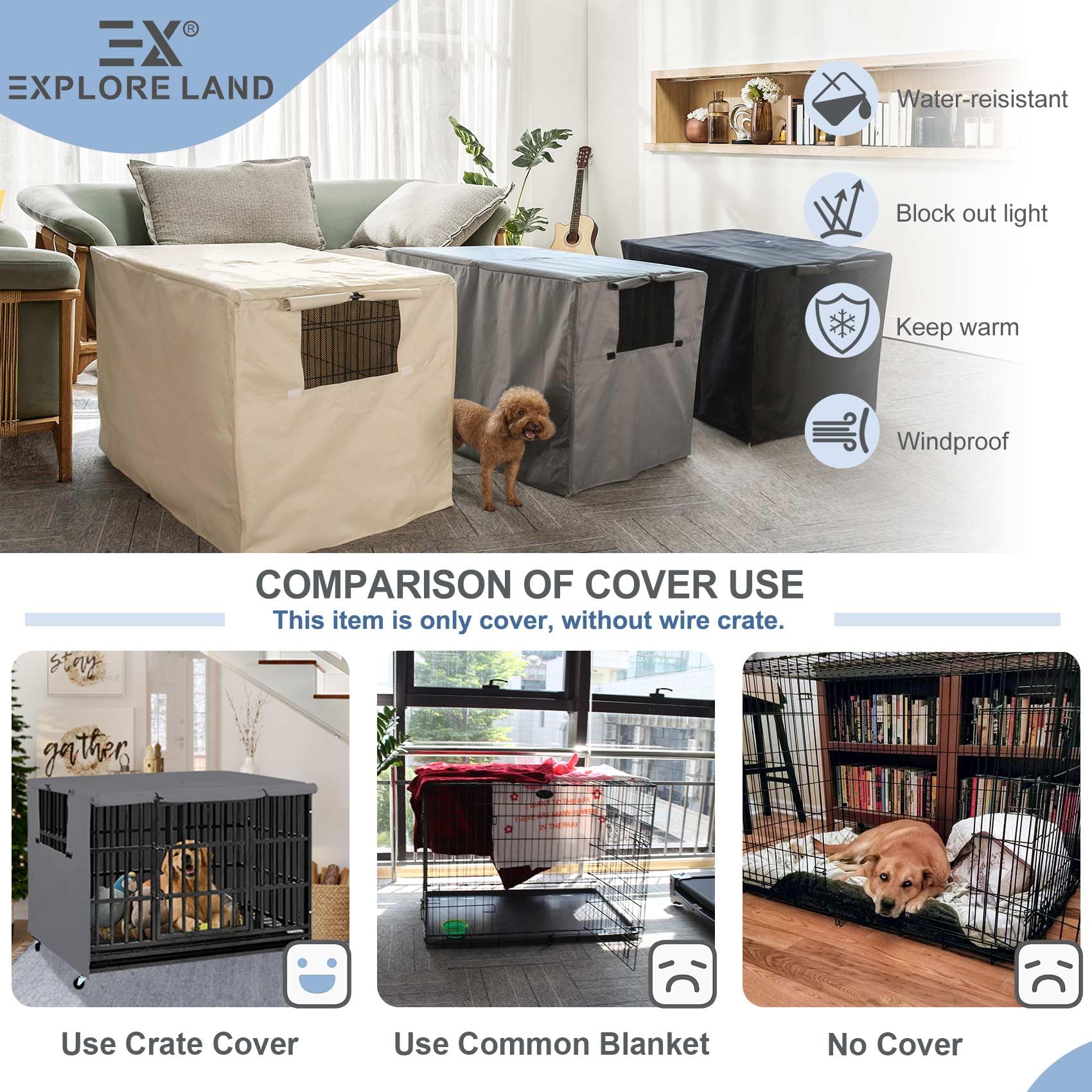 Explore Land Dog Crate Cover showing the adjustable window flap.