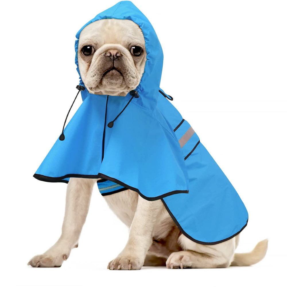 Ezierfy dog raincoat with reflective strips across the belly.