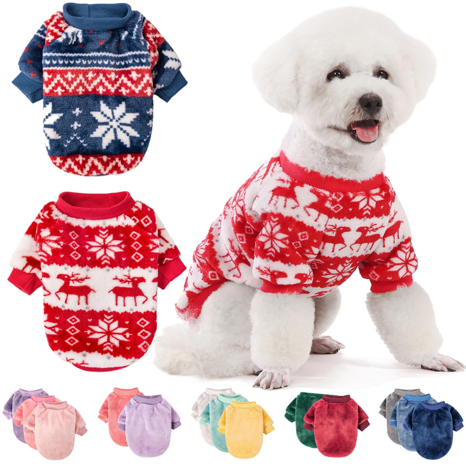 FABRICASTLE dog sweater two-piece set showing the red and blue sweaters.