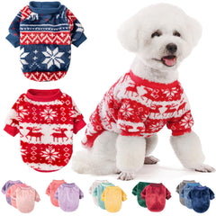 FABRICASTLE dog sweater two-piece set showing the red and blue sweaters.