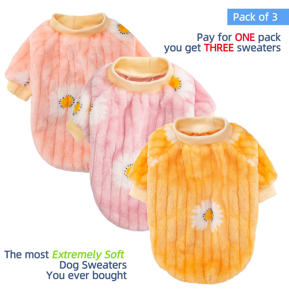 FabriCastle small dog sweaters in pink, violet and yellow.