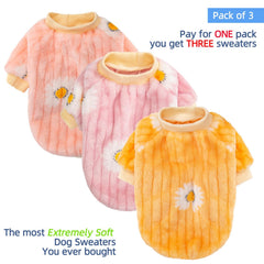 FabriCastle small dog sweaters in pink, violet and yellow.