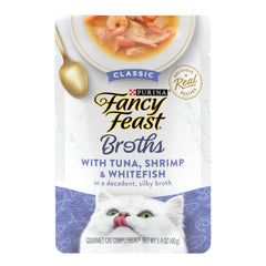 Fancy Feast Broths Classic cat food topper shown in its front pouch view.