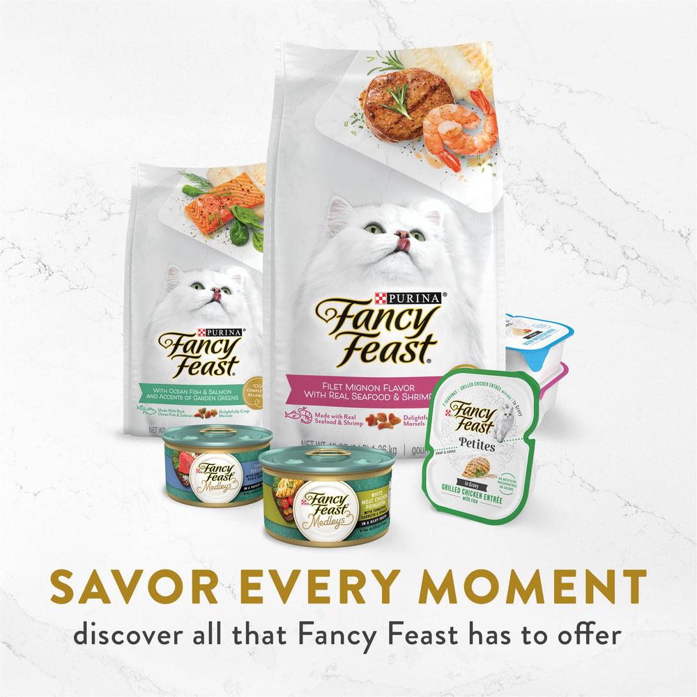 Fancy Feast Broths Classic cat food topper recipe panel shown in close view.
