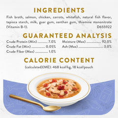 Fancy Feast creamy broth pouch shown from the back with product details.