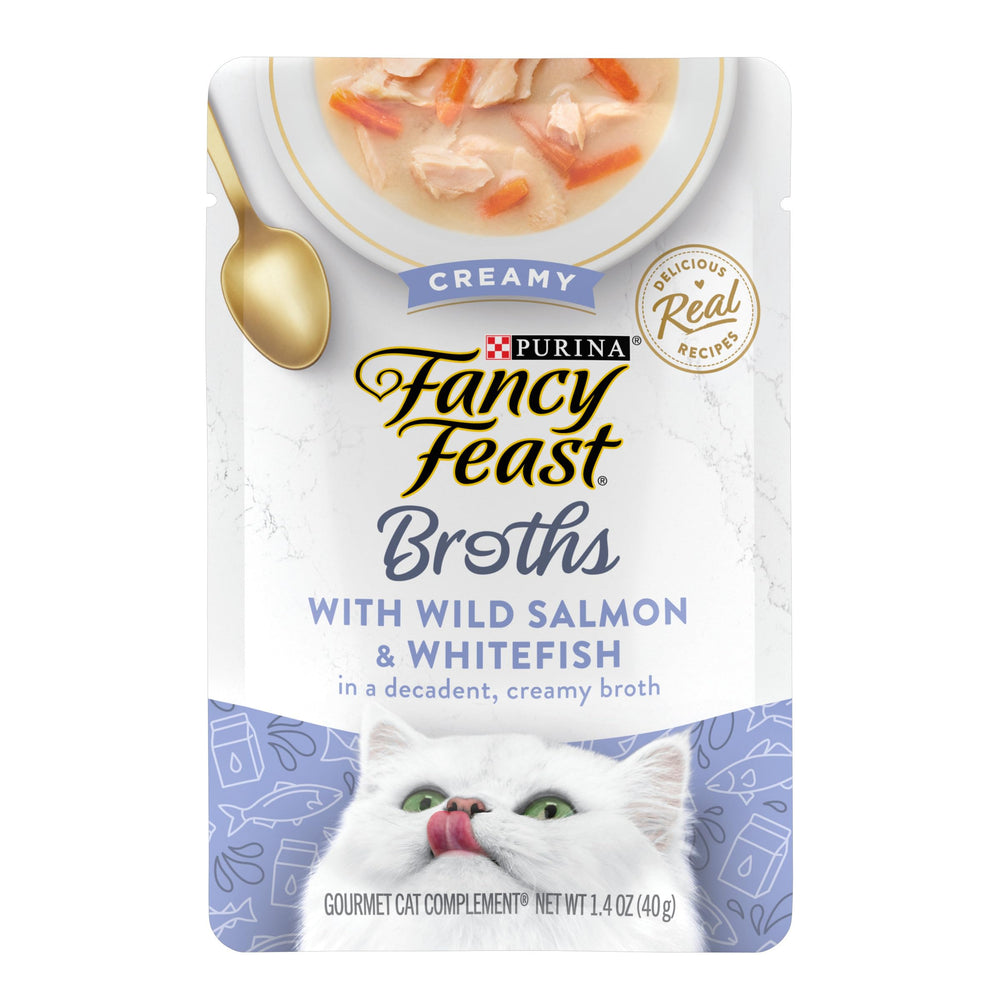 Fancy Feast creamy broth cat food topper pouch shown from the front.