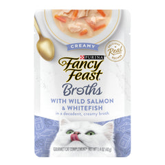 Fancy Feast creamy broth cat food topper pouch shown from the front.