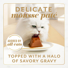 Purina Fancy Feast Gems beef mousse topped with savory gravy.