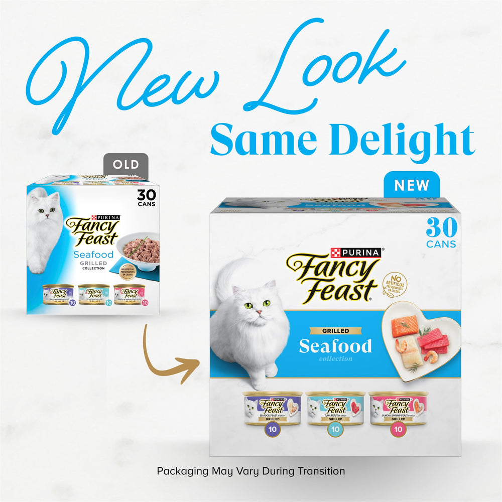 Fancy Feast grilled seafood wet cat food can shown from the front.