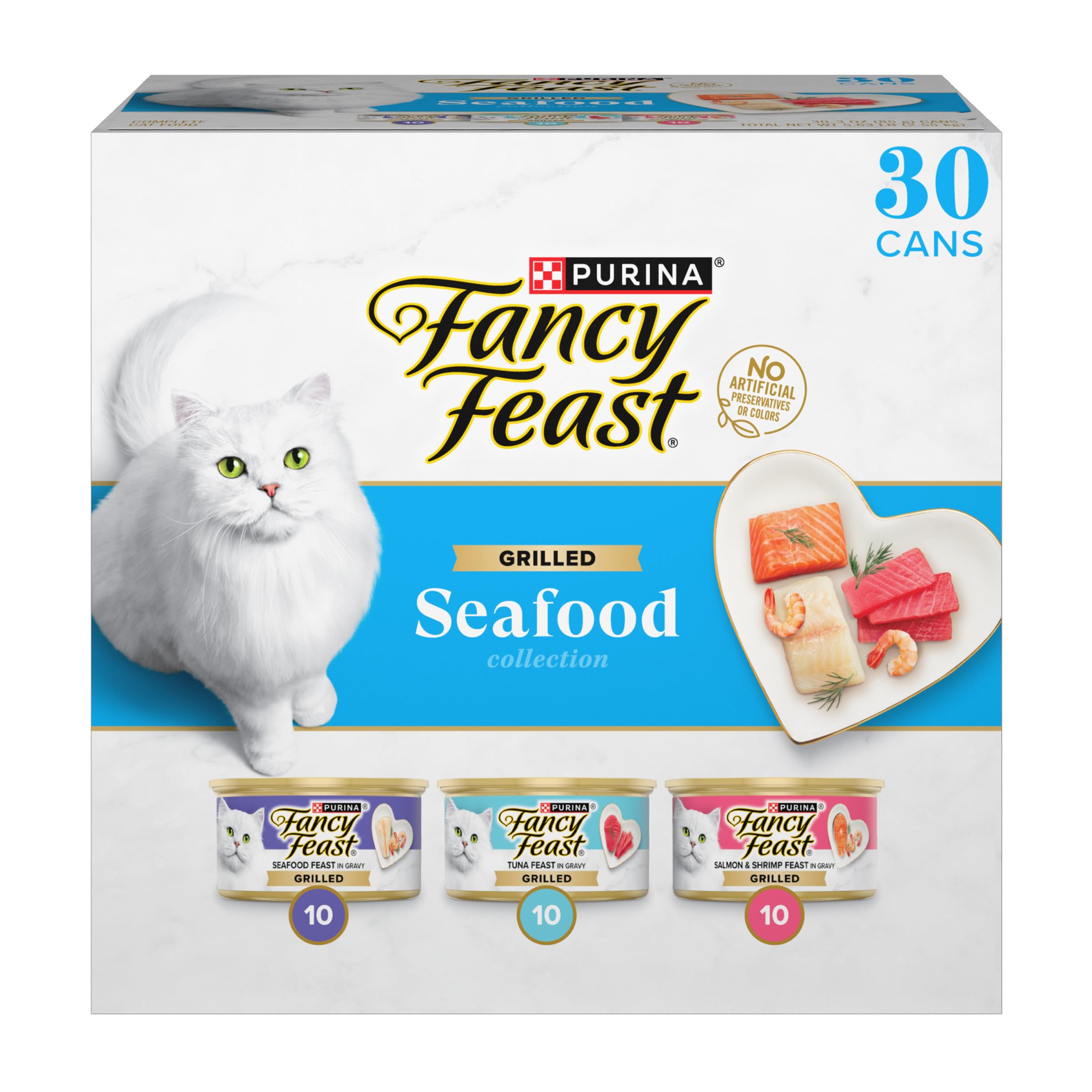 Fancy Feast grilled seafood wet cat food variety pack shown from the front.
