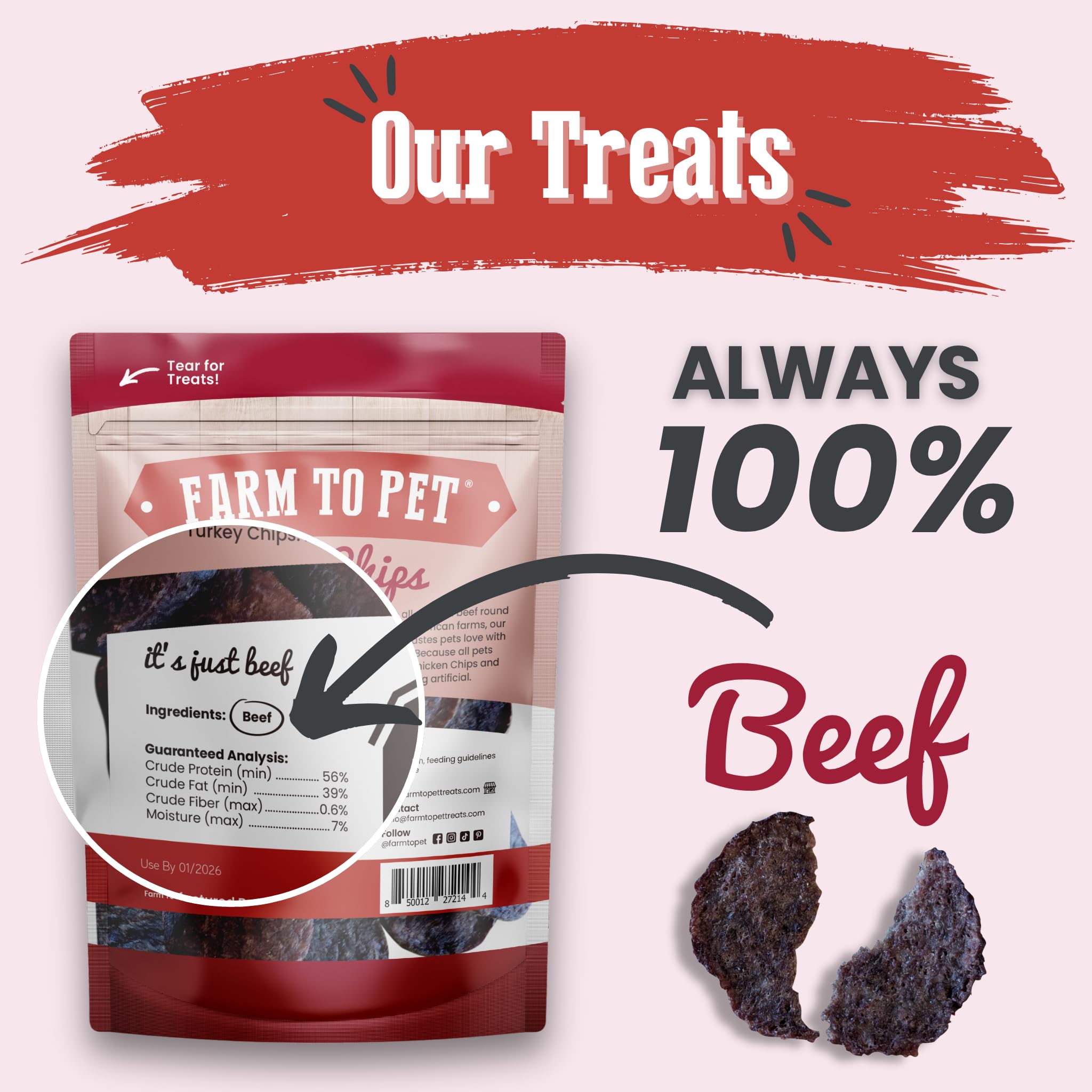 Farm To Pet Beef Chips dog treats shown close up to reveal their texture.