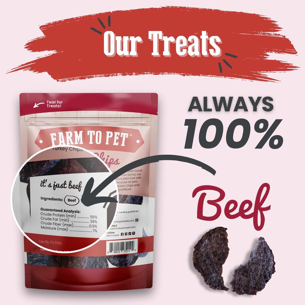Farm To Pet Beef Chips dog treats shown close up to reveal their texture.