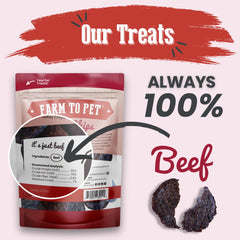 Farm To Pet Beef Chips dog treats shown close up to reveal their texture.