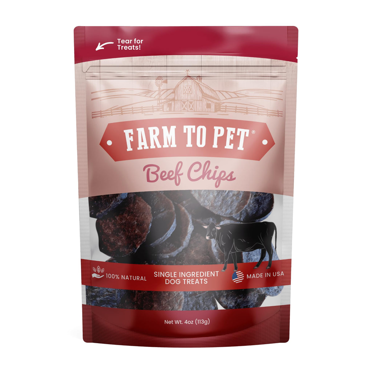 Farm To Pet Beef Chips dog treats shown in their package from the front.