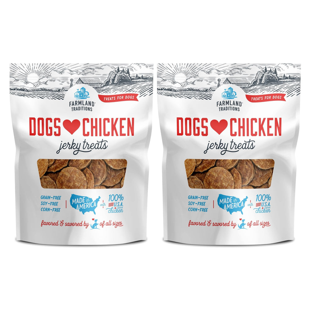 Farmland Traditions chicken jerky dog treats shown from the front.