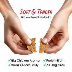 Farmland Traditions chicken jerky dog treats broken into smaller pieces.