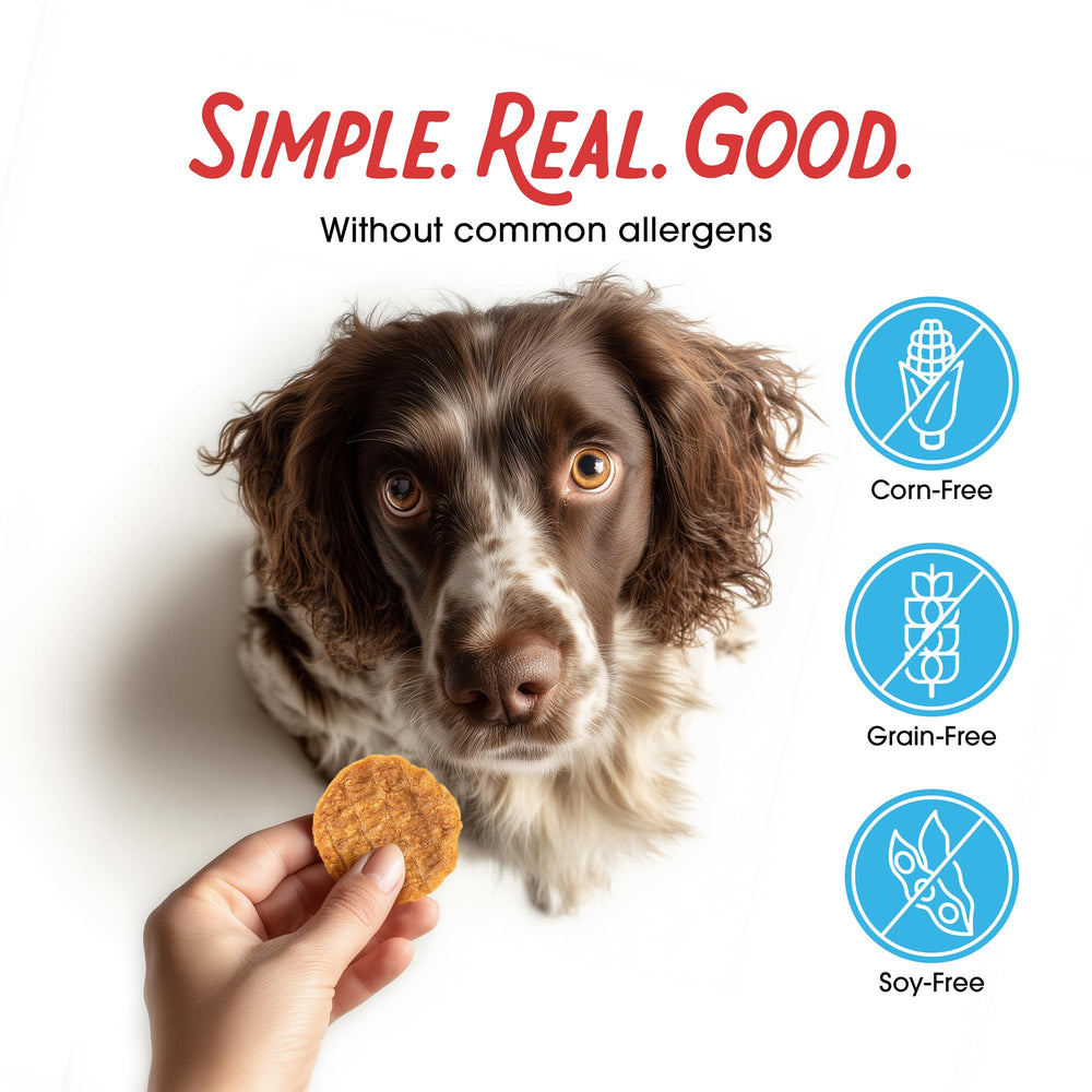 Farmland Traditions chicken jerky dog treats used as a training reward.