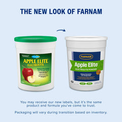 Farnam horse electrolyte powder with its apple flavor highlighted.