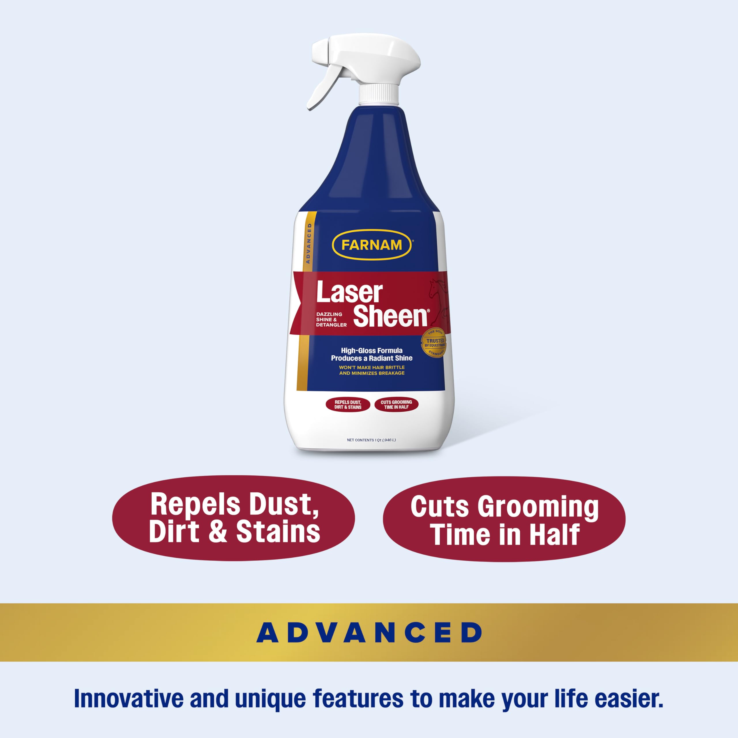 Farnam Laser Sheen horse spray shown being applied to dry hair.
