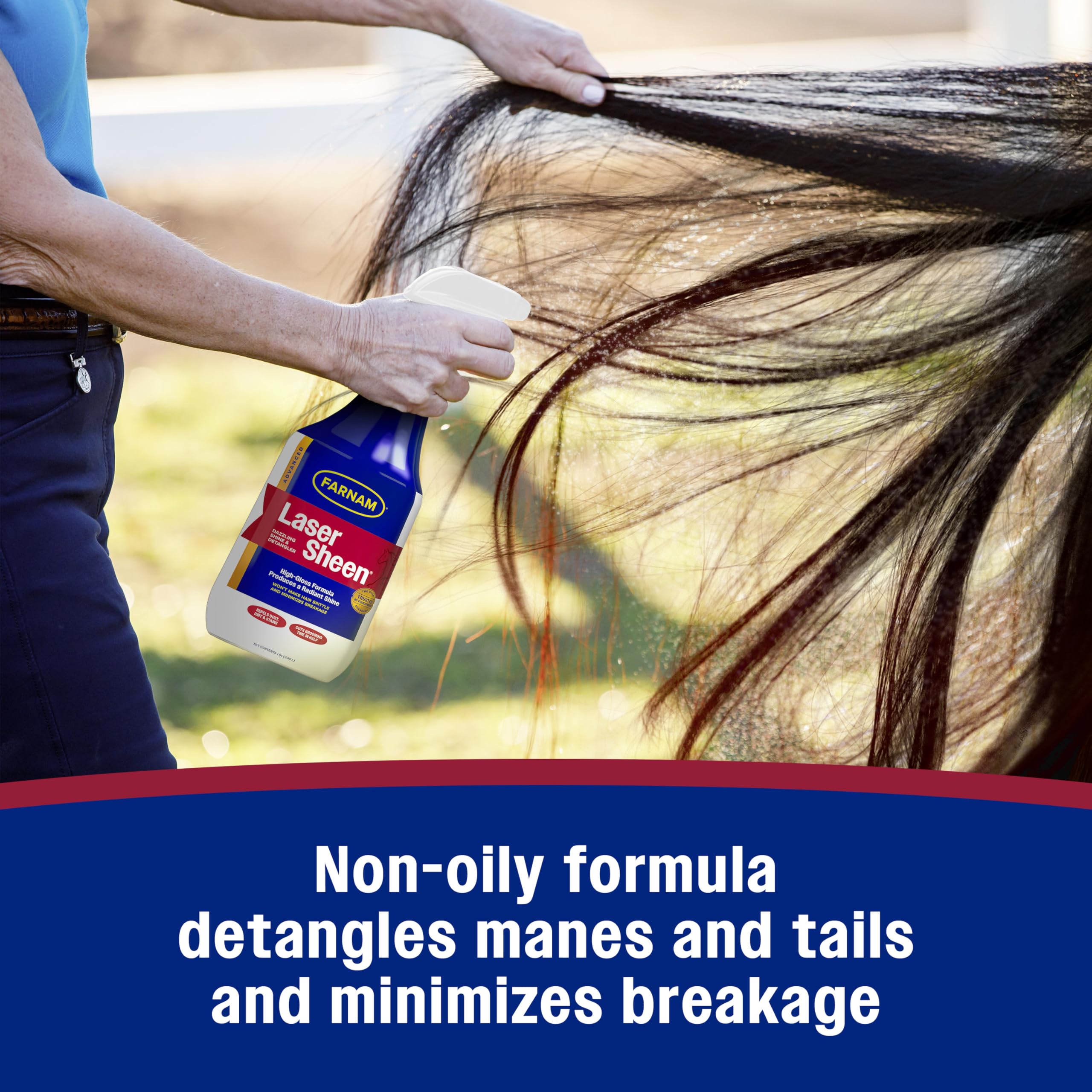 Farnam Laser Sheen horse spray used while detangling a mane.