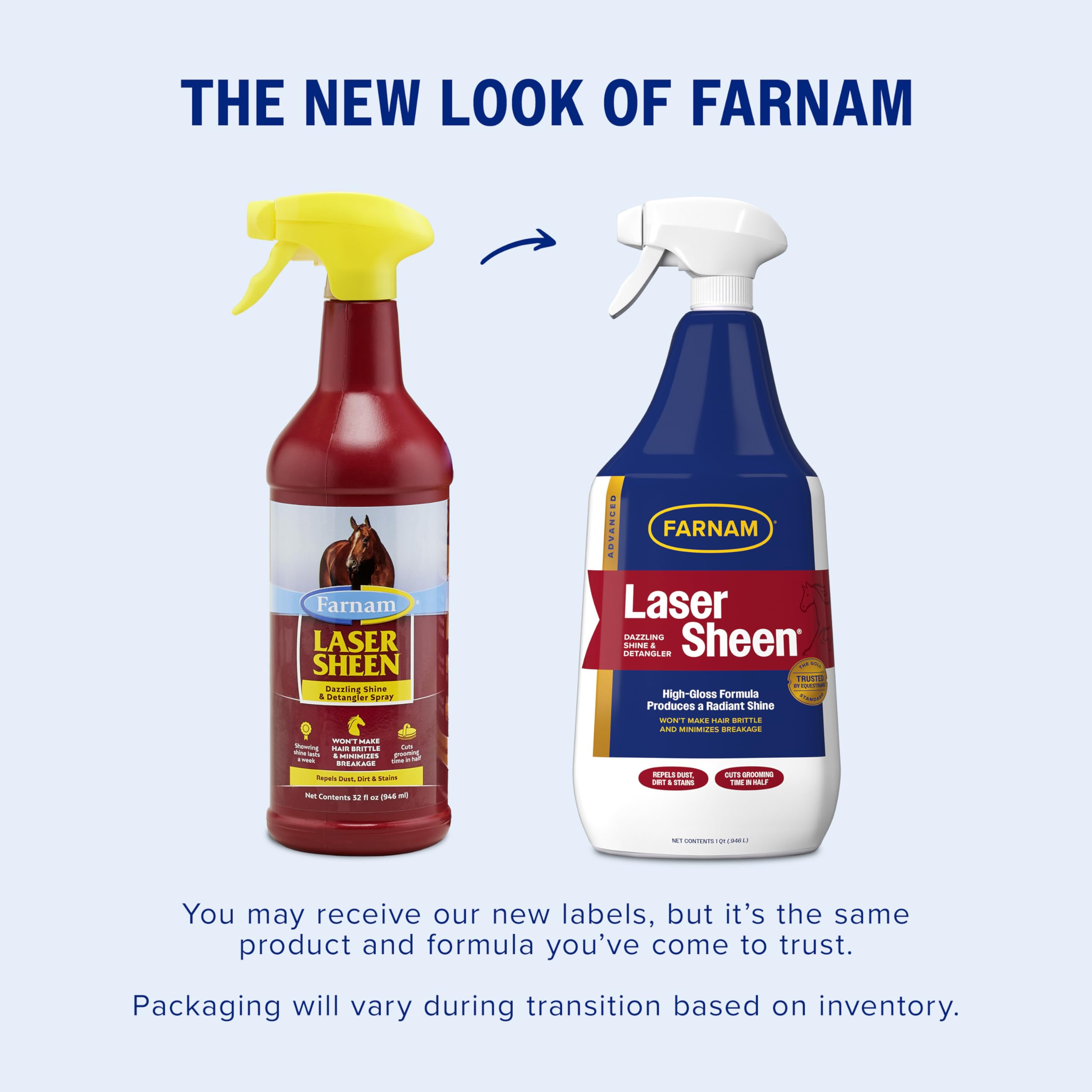 Farnam Laser Sheen horse grooming spray bottle shown at an angle.